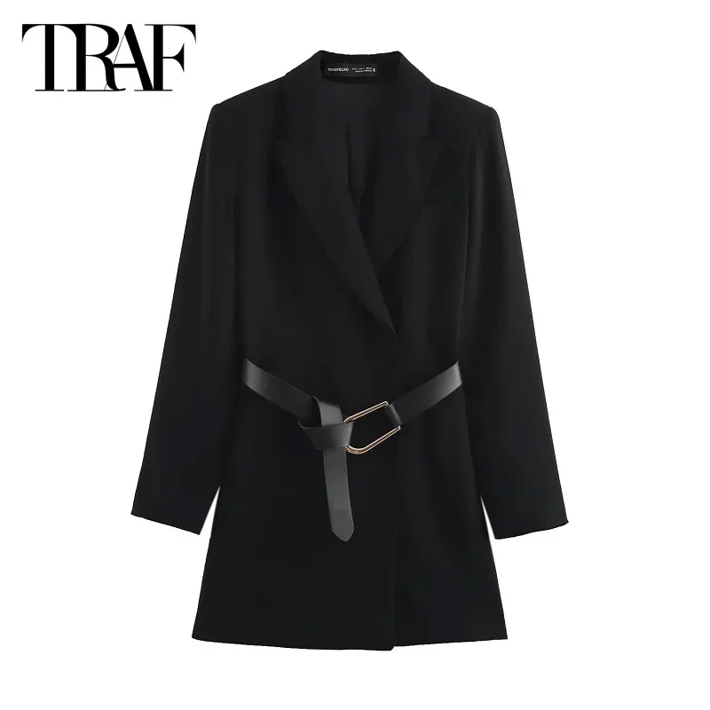 

TRAF Women's Black Short Dresses 2024 WInter Elegant Party Evening Mini Dresses Office Casual Long Sleeve Belt Dress Vestidos