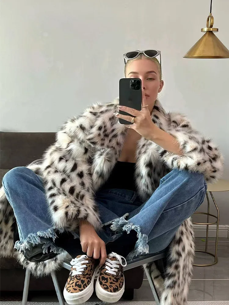 HH femmes mode col rabattu fausse fourrure veste hiver femme col haut boucle cachée poche imprimé léopard à manches longues manteau