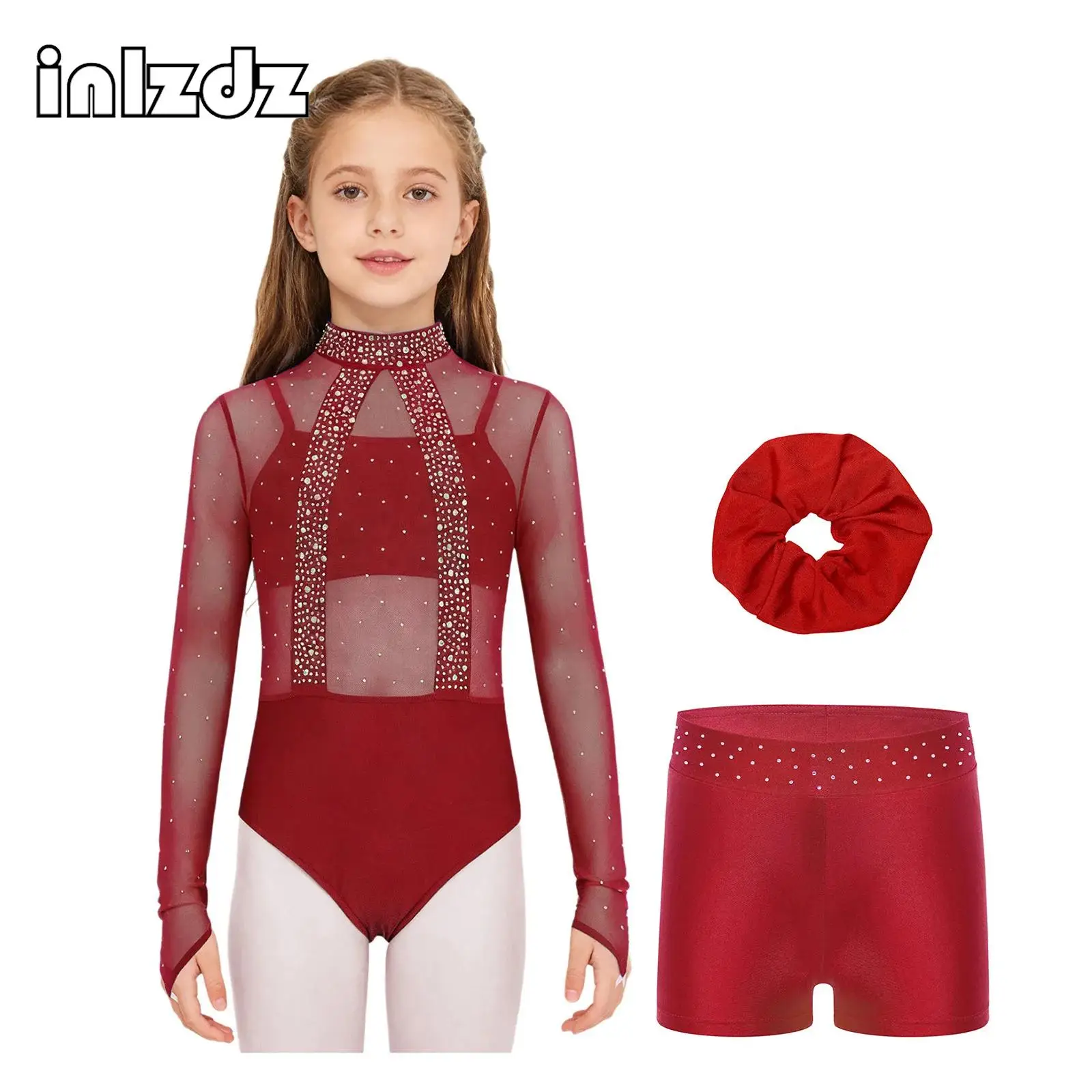 

Kids Girls Gymnastics Dance Outfit Long Sleeve Shiny Rhinestones Sheer Mesh Athletic Figure Skating Ballet Dance Costume Sets