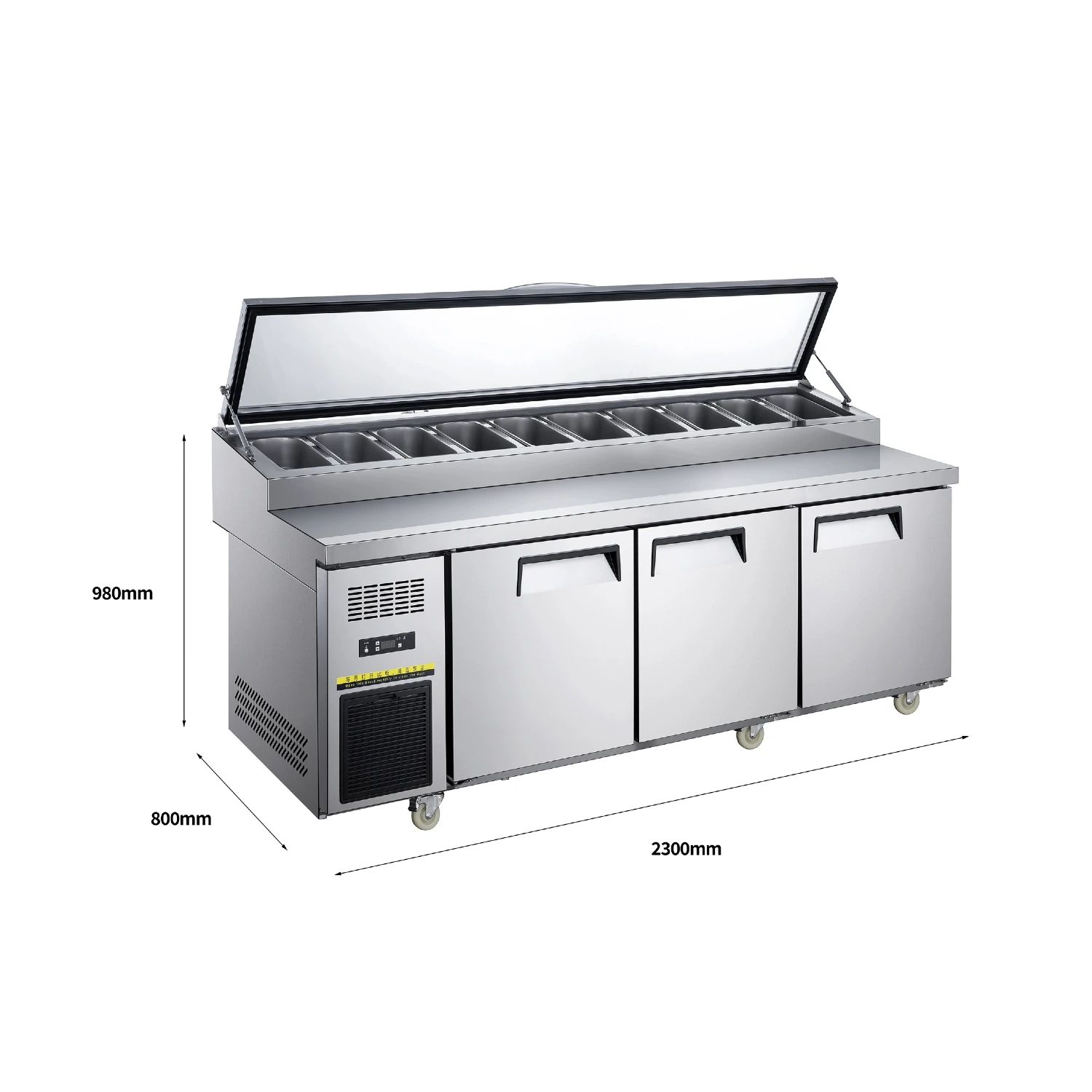 NE-1153 Part Glass Guard 3 Door Commercial Kitchen Saladette Counter Cooler Air Cooled Pizza Preparation Table with Food Tray