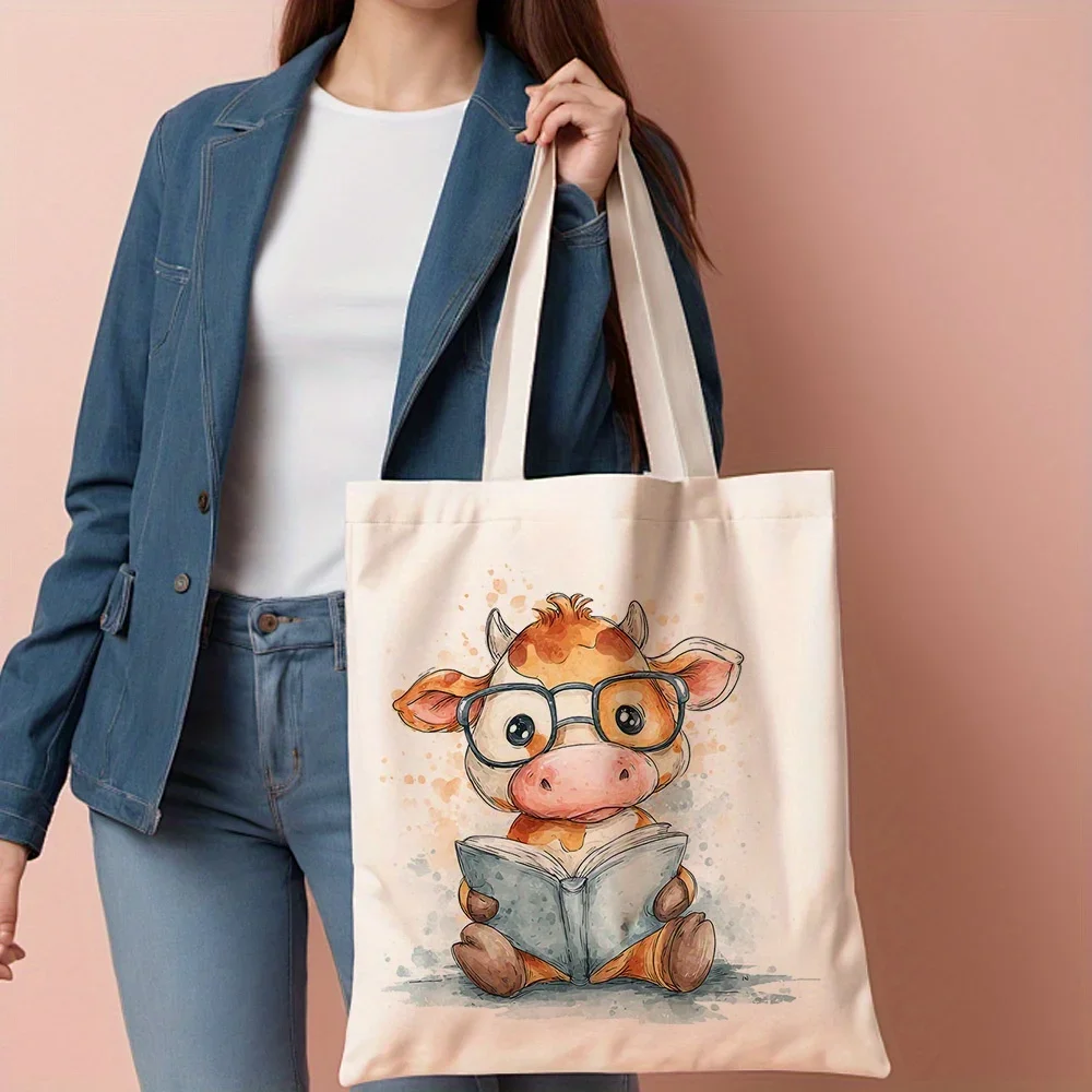 1pc, Canvas Tote Bag Featuring a Giraffe Reading a Book, Perfect for Grocery Shopping (35.05cm X 40.13cm). A Fashionable Bag for