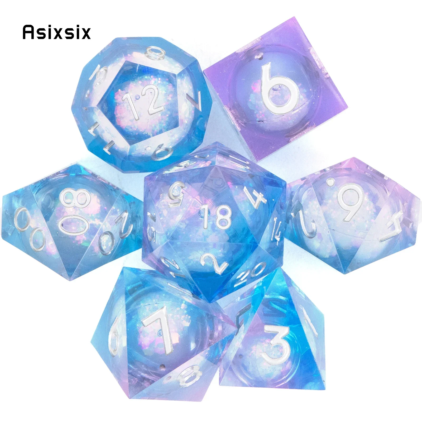 

7 Pcs Purple Flowing Sand White Number Sharp Edge Resin Dice Polyhedral Dice Suitable For Role-Playing RPGGift