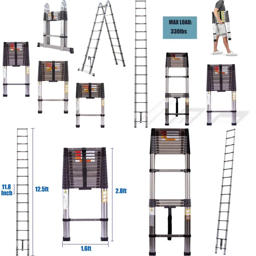 

Телескопическая лестница из нержавеющей стали, складная, удлинитель 12,5 футов, компактная складная, 2,8 фута, поддерживает 330 фунтов, портативная, тяжелая