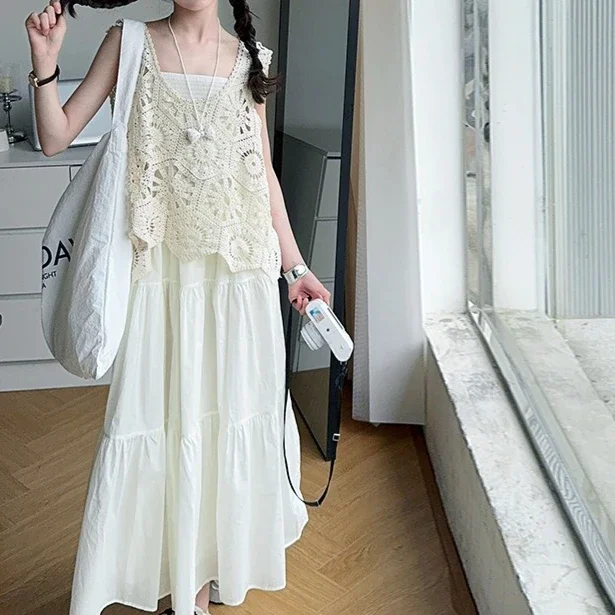 Girls Suit 2026 Summer New Children's Clothing Korean Style Girl Baby Hollow Hook Flower Vest Suspender Dress Two Sets
