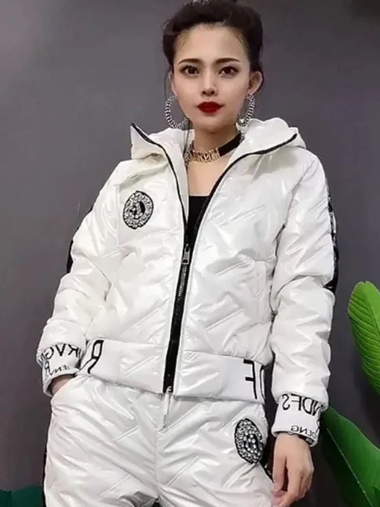 Winter Warm Waterproof Glossy Two Piece Sets Women Thicken Down Cotton Parkas Hooded Coats Suits High Wasit Sweatpants Outfits