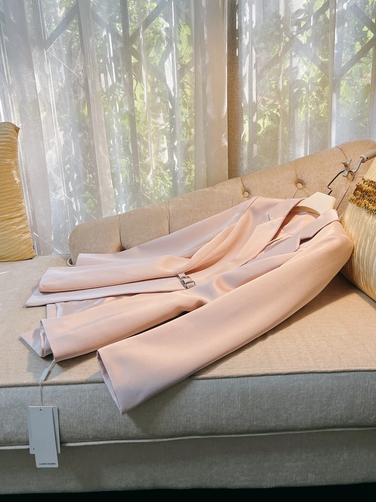 

Розовый шелковый костюм Ele: Женский комплект с высокой талией, элегантный и модный, длинный рукав, формальная одежда, дизайн Ele