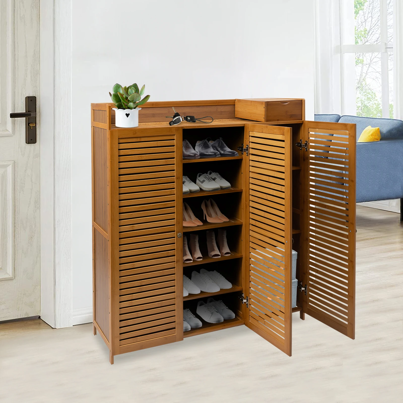 

98*32*115cm Shoes Shelves Shoe Storage Rack Cabinet Oganizer with Three Doors and Seven Layers Storage Space Max. 30 Pairs