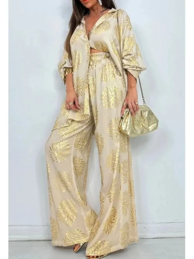 

Комплект: рубашка с золотым тиснением и брюки, длинные брюки из полиэстера, с отложным воротником, женская модная коллекция весна