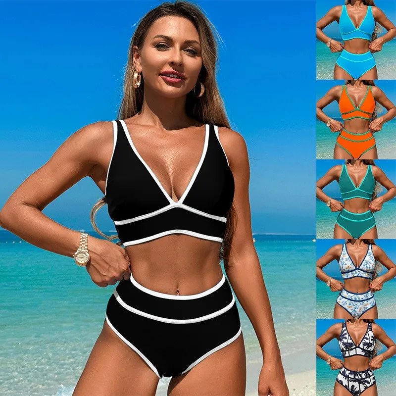 

Woman 2026 Bikini Sleeveless V Neck Top High Waisted Bottom Bikinis Floral Print Swimwear Cropped Top Two Piece Swimsuit