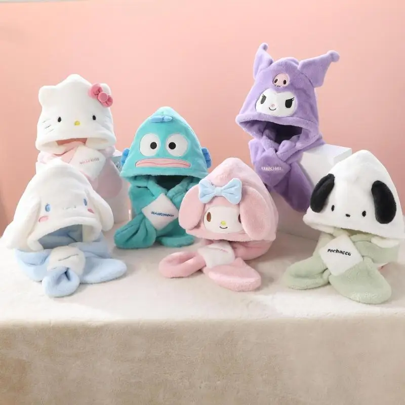 Sanrio Hello Kitty Şapka Karikatür Kuromi My Melody Cinnamoroll Hangyodon Sonbahar Kış Peluş Sıcak Şapka Eşarp Iki Bir Kız Hediye