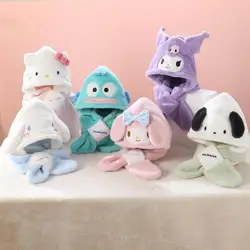 Sanrio Hello Kitty Şapka Karikatür Kuromi My Melody Cinnamoroll Hangyodon Sonbahar Kış Peluş Sıcak Şapka Eşarp Iki Bir Kız Hediye