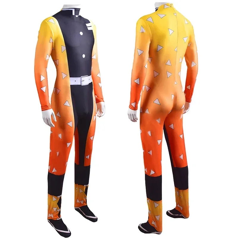 Anime Adult Kimetsu No Yaiba Cosplay Costume Agatsuma Zenitsu Zentai Fullbody Bodysuit Lycra One-Piece Suit
