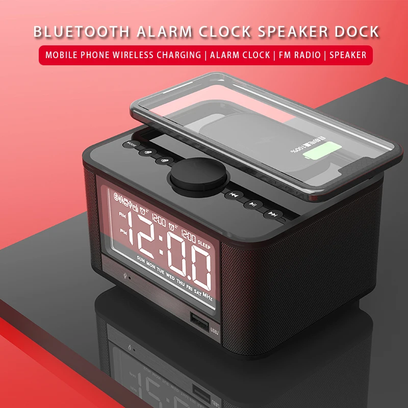 Alarm Clock  Wireless Charger Speaker FM Radio Custom LOGO  Time Display BT smart sound box USB charing  bedside