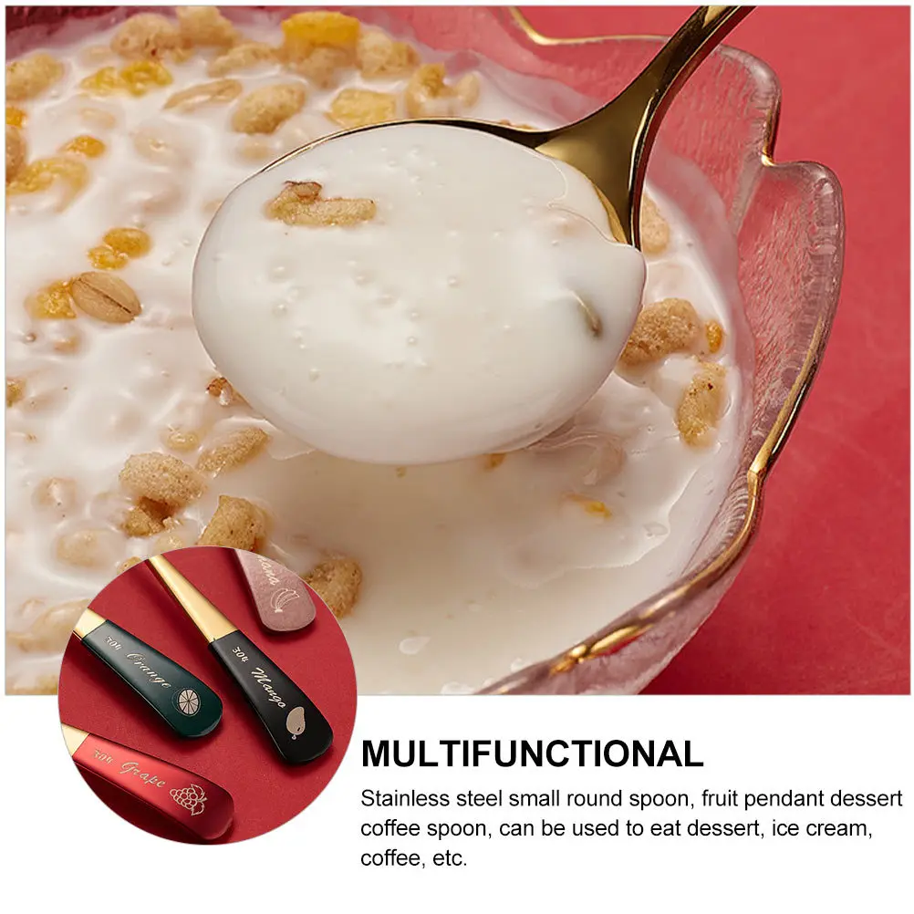 

4Pcs Stylish Stainless Steel Spoons Creative Coffee Dessert Spoons Fruit Pendant Polished for Home Use