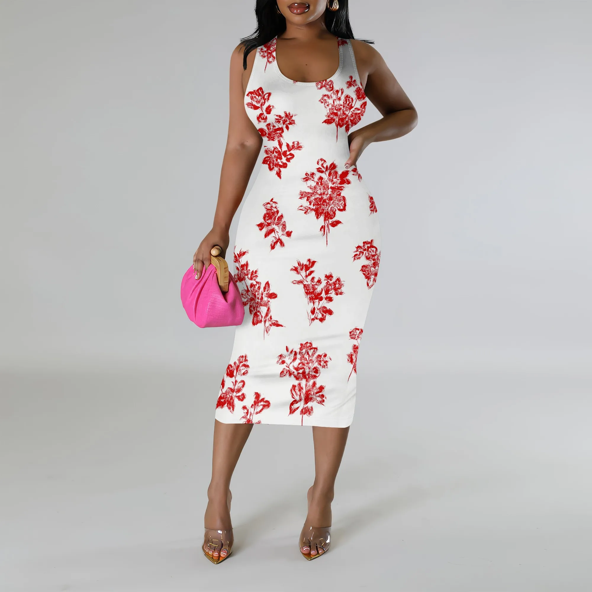 

White Red Floral Print Bodycon Dress S‑3XL Sleeveless Midi Style for Summer Brunch, Vacation or Daytime Date Look