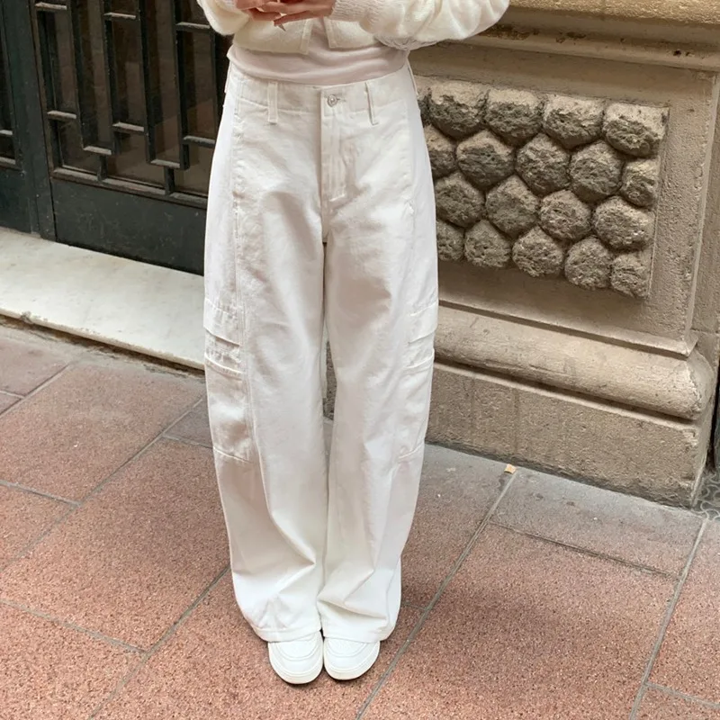 

Spring Summer Women's Mid Waist Straight Long Pants Creamy White Pure Cotton Trousers Side Pockets Safari Style