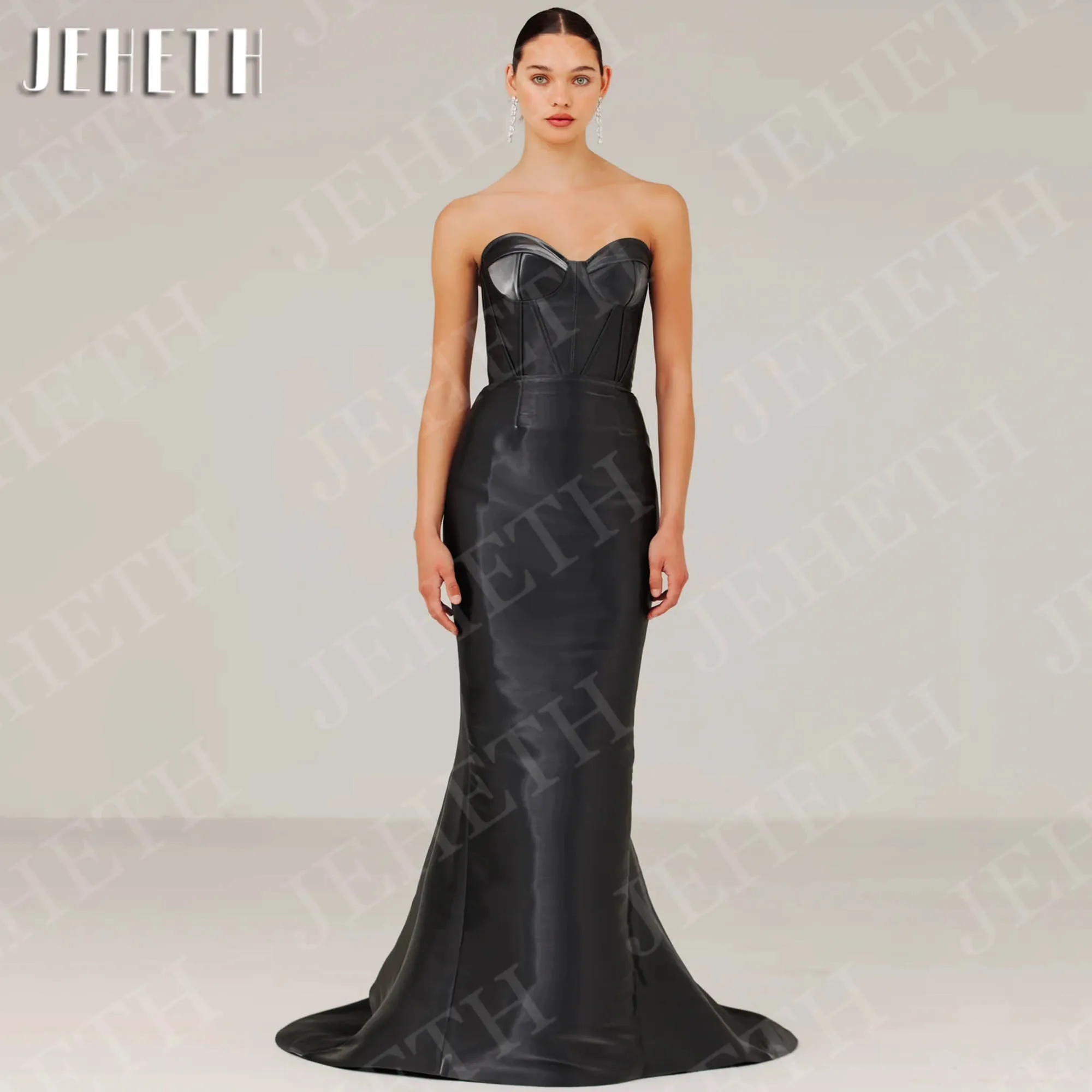 

JEHETH Black Mermaid Evening Dresses Strapless Formal Simple Sweetheart Neck Satin Red Carpet Dress Customized robe de soirée