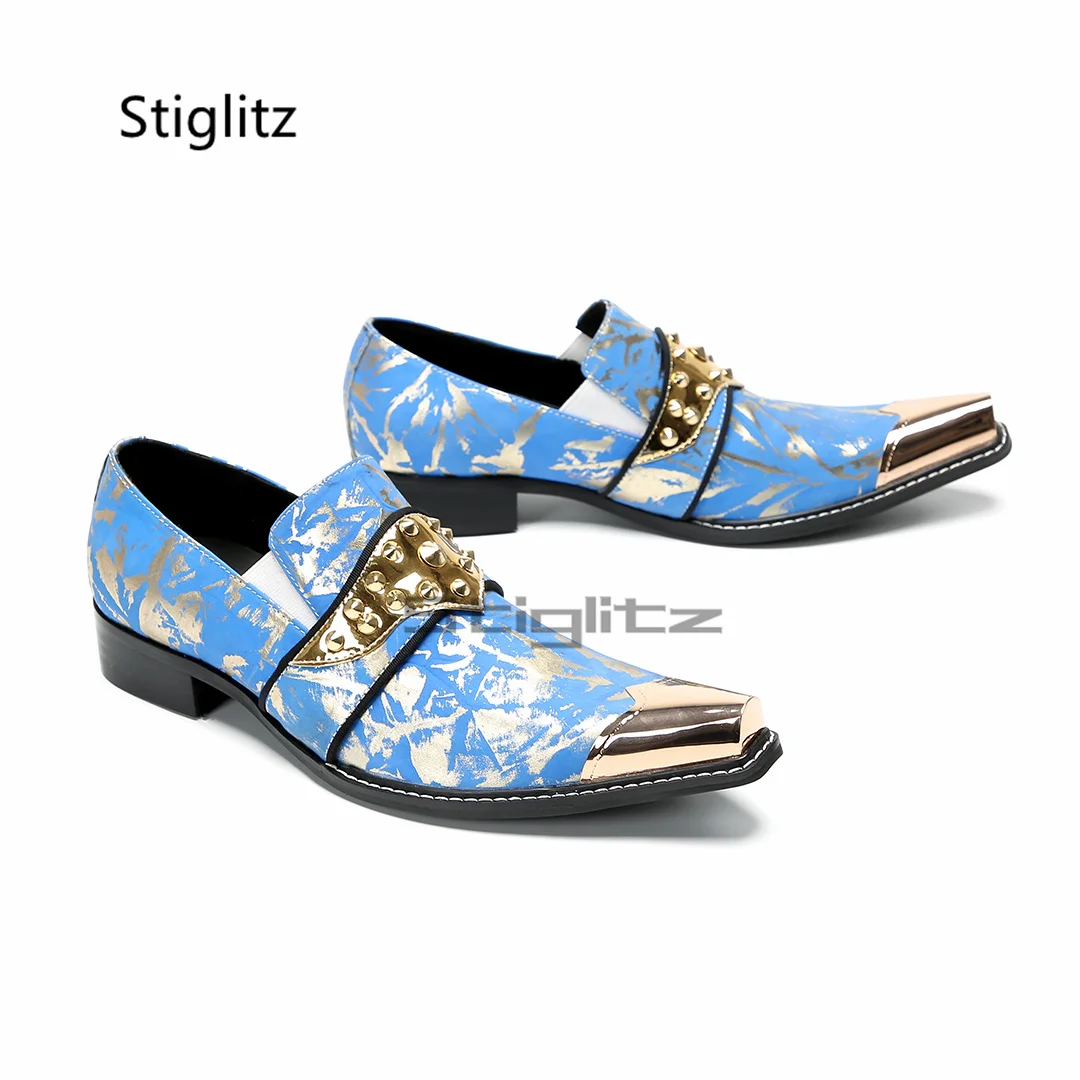 

Мужские деловые туфли с синими принтами, натуральная кожа, золотые заклепки, металлический острый носок, британский стиль, офисные вечерние модельные туфли без шнуровки