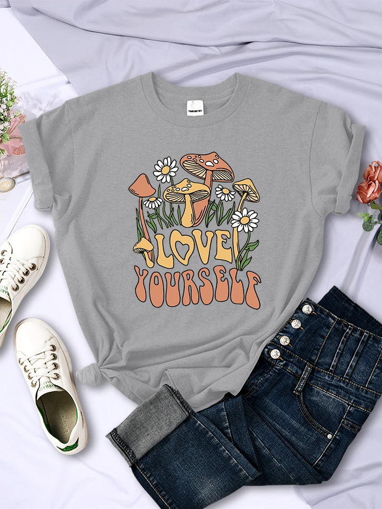 Cottagecore Style Mushroom Love Yourself Cute Printed T-Shirt Women Summer Breathable Short Sleeves Personality Hip Hop Tees