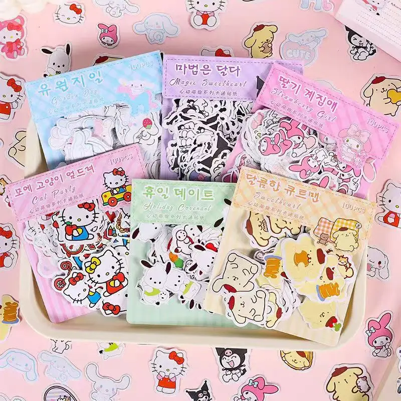 100Pcs/Set Sanrio Stationery Stickers Cartoon Kawaii Kuromi My Melody Cute Decals Aesthetic Anime Decoration Kids Sticker Gift