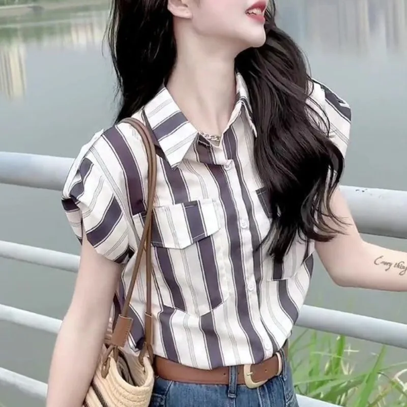 Summer New Korean Commuter Patchwork Striped Pockets Polo-Neck Short Sleeve Loose Blouses Thin Women\'s Single-breasted Shirts