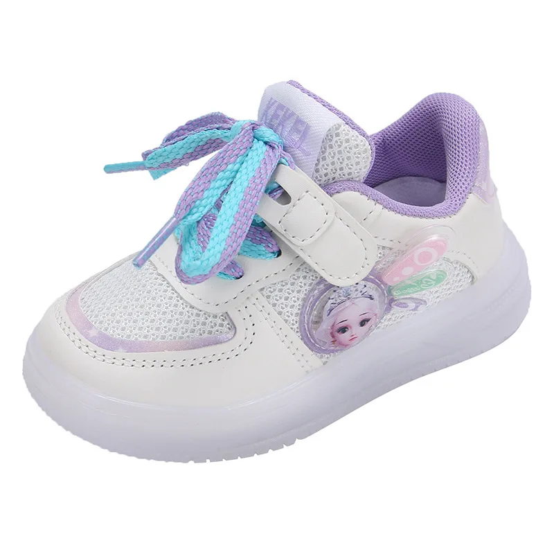 LED-Kinderschuhe für Mädchen, niedliche Cartoon-Prinzessin, Elsa, Baby-Mädchen, Kawaii, Segeltuch, Anime-Schuhe für Kinder, atmungsaktive Mesh-Turnschuhe