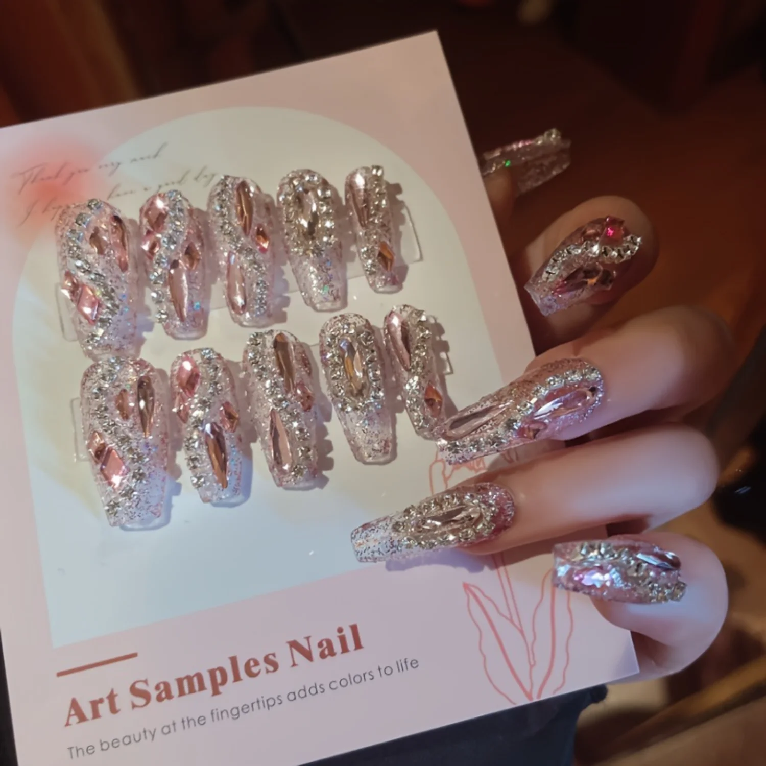 Glitter Rhinestone Fake Nails Long Ballerina Fake Nails With Zircon Chain Design Luxury Sparkle Glitter Nail Art Set Glossy Fake