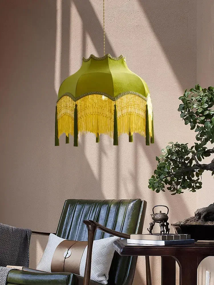 Kitchen Island Pendant Lights Vintage Tassels Led Ceiling Chandelier Green Cloth Bedside Ceiling Lamp Home Decorations Lustre