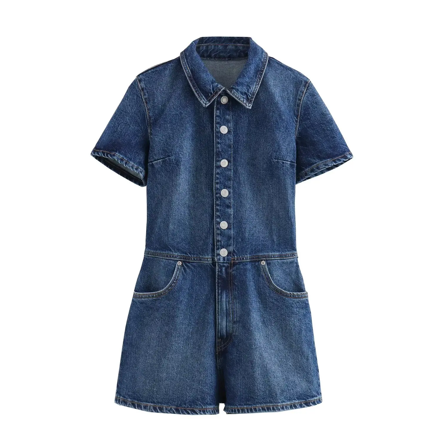 

Women 2024 Spring and Summer New Fashion Blue Casual Short Denim Jumpsuit Retro Short Sleeve Lapel Button-up Jumpsuit Mujer