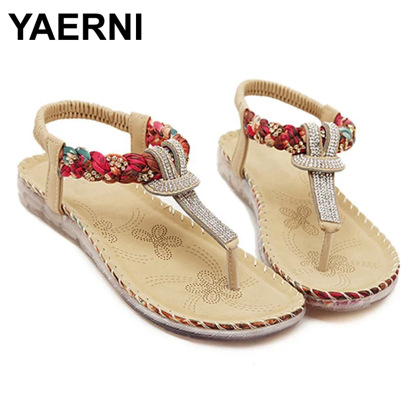 YAERNI Flat shoes Women new summer national wind sandals Bohemian diamond big size shoes beach shoes Flip-Flops BT538