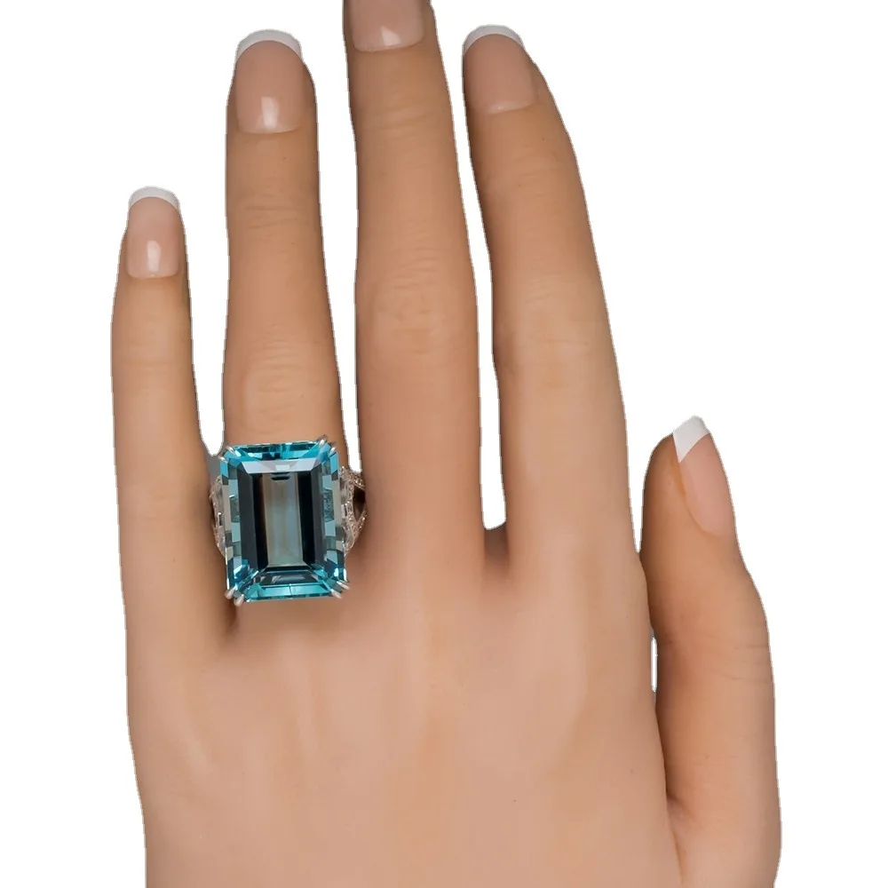 Sea blue topaz square diamond princess ring Europe and the United States fashion engagement ring female