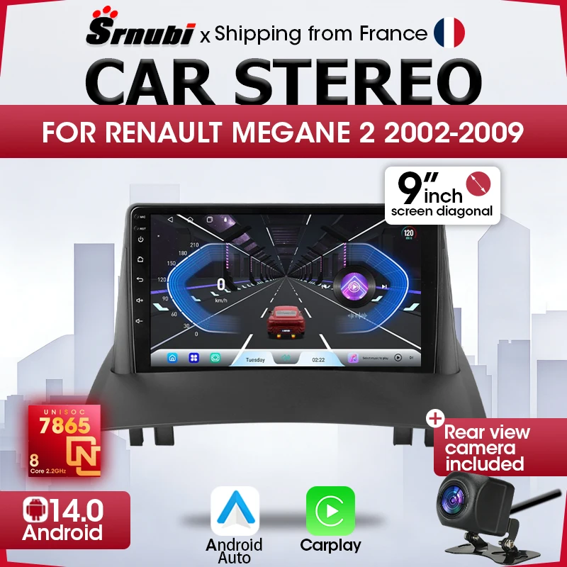 Autoradio Srnubi con GPS, Lettore Multimediale, Carplay Wireless per Renault Megane 2 2002-2009, Android Auto, Bluetooth 5.4, 2 Din, Schermo QLED, 8-Core, Illuminazione Pulsanti