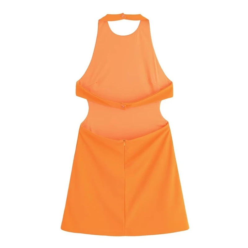 فستان نسائي صيفي جديد بخصر مزين أنيق ومثير بدون أكمام ورقبة رسن فستان قصير مفتوح الظهر