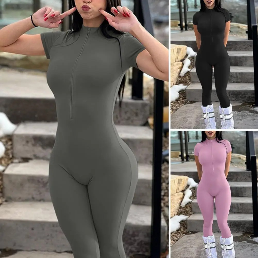 

Lady Summer Jumpsuit Sporty Yoga Jumpsuit for Women with Half Zipper Butt-lifted Design Short Sleeves Stand Collar for Spring