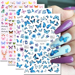 Pegatinas adhesivas de mariposa azul 3D, decoración artística de uñas, flores láser, hojas, pegatinas para uñas, suministros para decoración de uñas, piezas para uñas