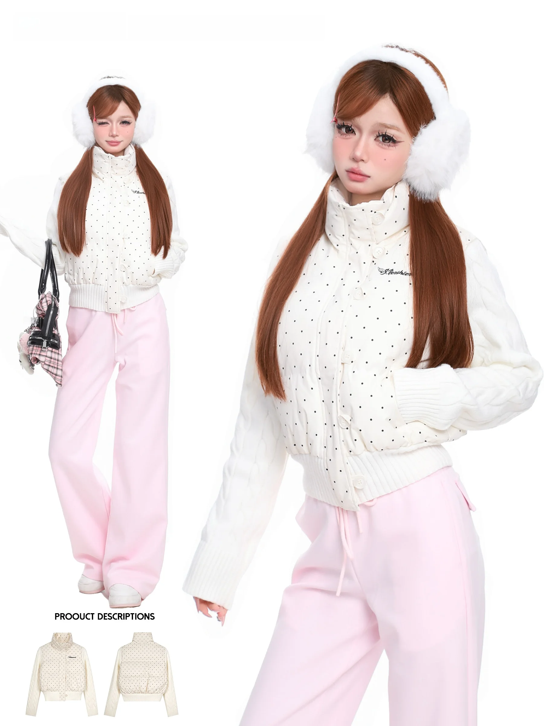 

Basterds Korean Sweet Polka Dot Knitted Thiened Stand Collar Winter Cotton Jaet Women's Outerwear Warm Sli ort Sle