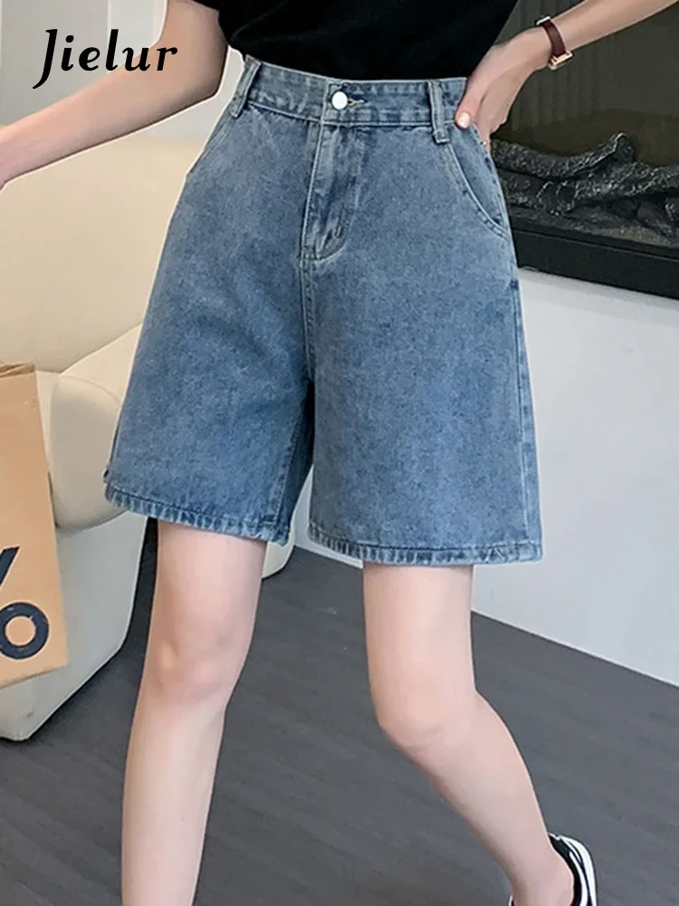 

Jielur Summer New Vintage High Waist Denim Shorts Woman Slim Leisure Fashion Women's Shorts Loose Simple Basic Shorts Female