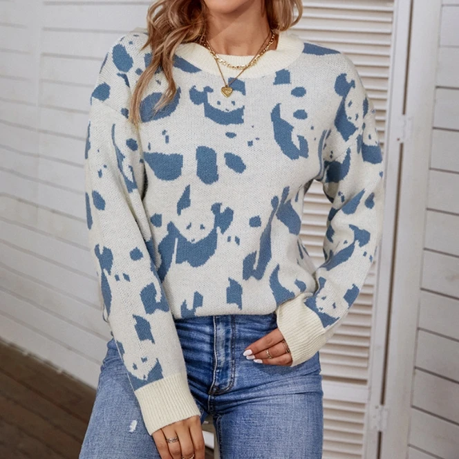 

Contrast Animal Pattern Knitted Shirt Round Neck Sweater Long Sleeve 2023 New Hot Selling Fashion Women's Warmth