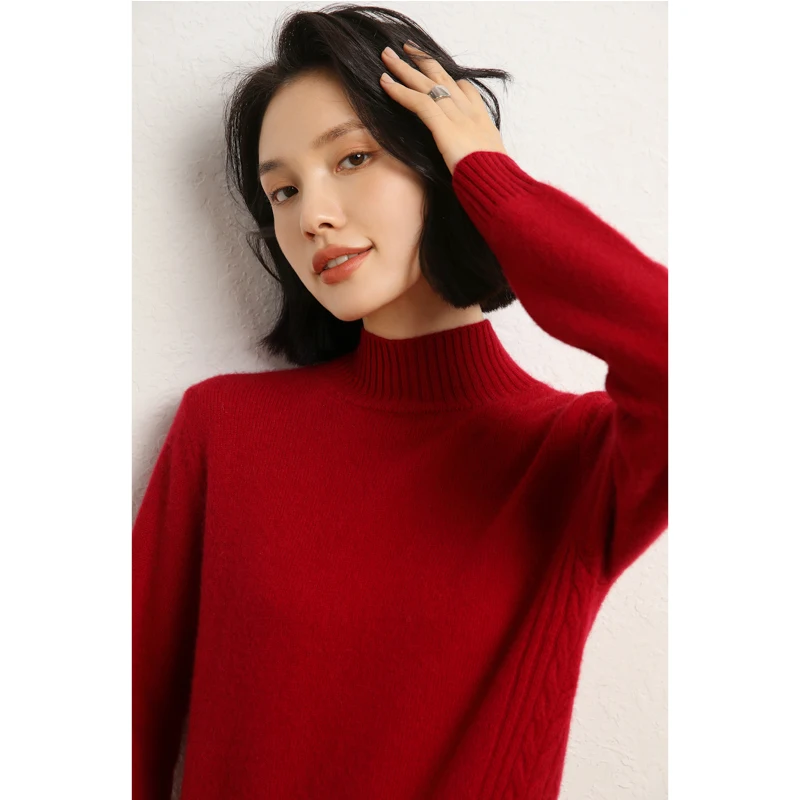 

Autumn Winter Women Thick Pullover Sweater Side Twist Flower Mock Neck Vibrant Casual Basic Clothing 100% Cashmere Knitwear Tops