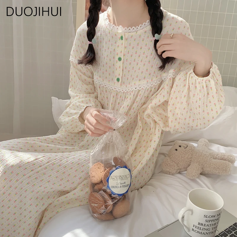 DUOJIHUI-Pijamas de renda de manga comprida feminina, gola redonda, renda doce, moda coreana, mobiliário doméstico, primavera, novo