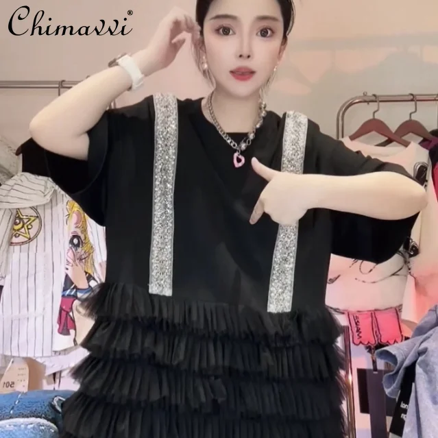 オリジナル新作ヘビーインダストリーレーススプライシング半袖ルーズTシャツワンピースラウンドネックレディースルーズロングTシャツ