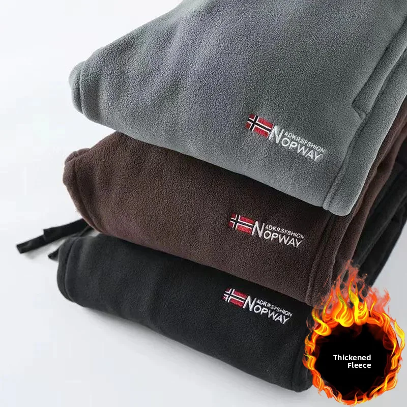 Double-Sided Fleece Men's Thickened Fleece Casual Pants Loose Fit Low Waist Zipper Decorated Sporty Style Winter Trousers
