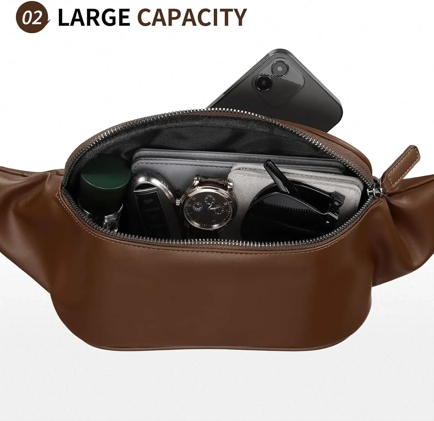 Picture 5: Soft Leather Fanny Pack for Women & Men, Crossbody Waist Pack with Adjustable Strap, Large Pocket, Sturdy Zippers, for Travel, H