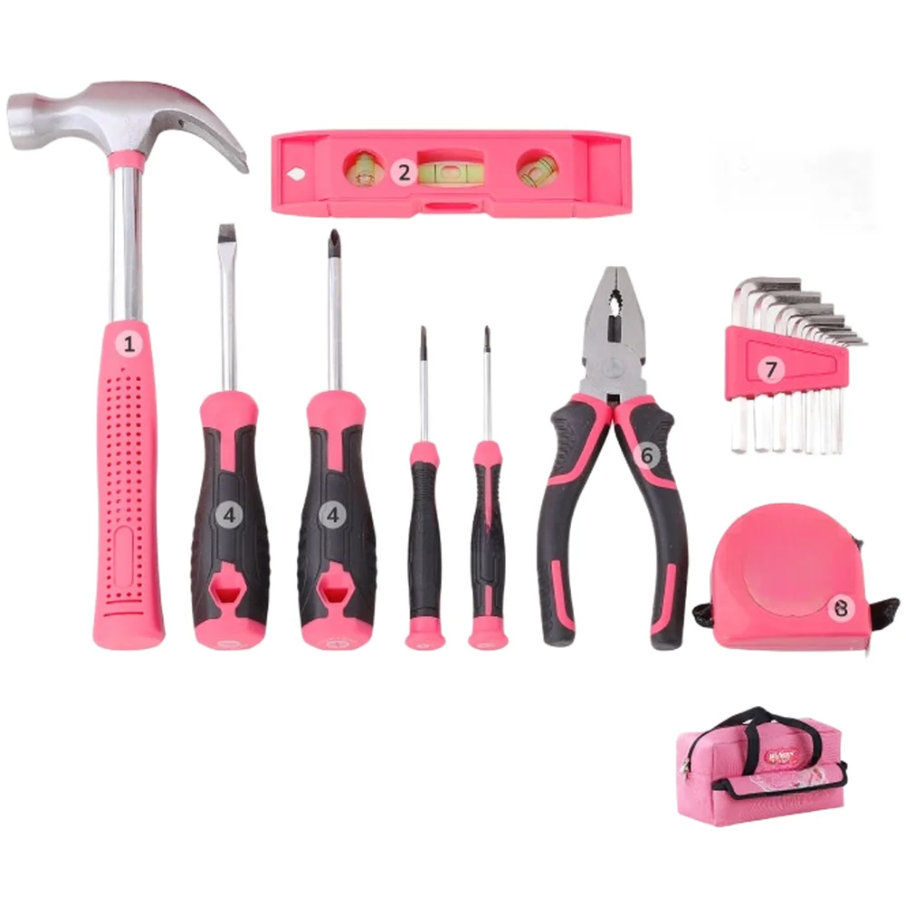 Pink 18 Piece Home Tool Kit With Hammer Wrench Screwdrivers Hex Keys Pliers Measuring Tape Chromium Vanadium Steel Set For House