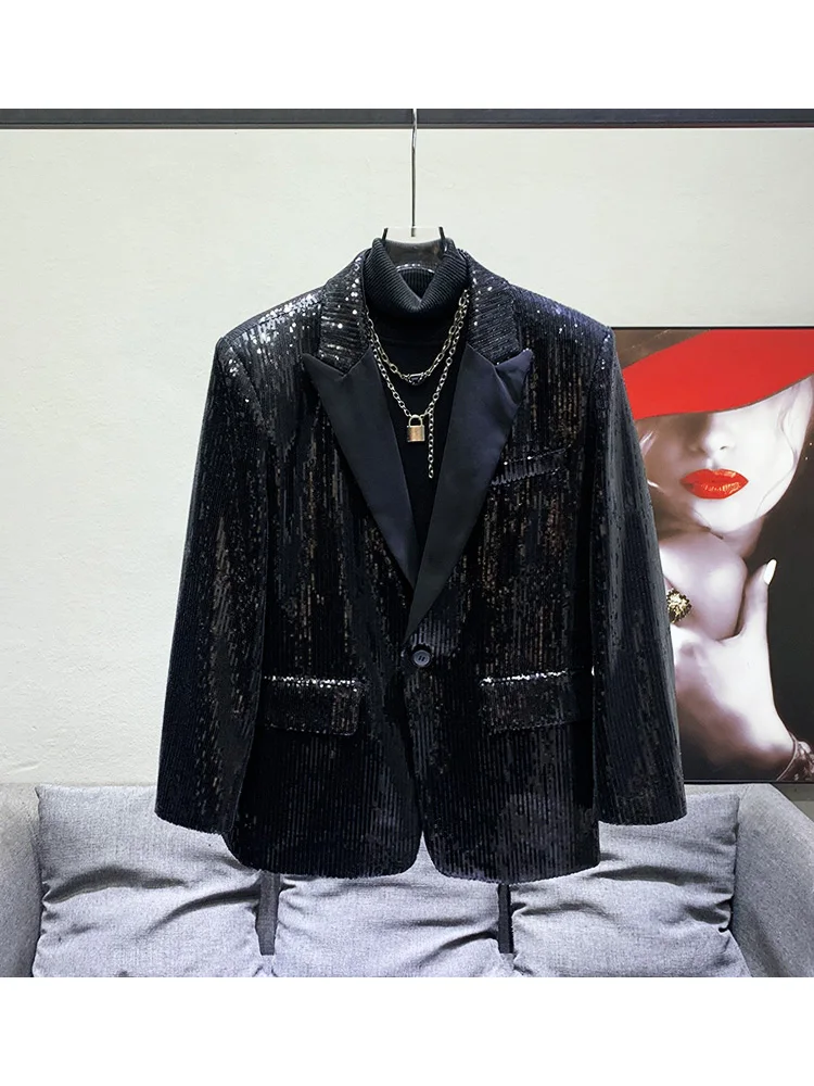 

Мужской костюм с пайетками для сцены, модная повседневная верхняя одежда свободного кроя с длинными рукавами для осени