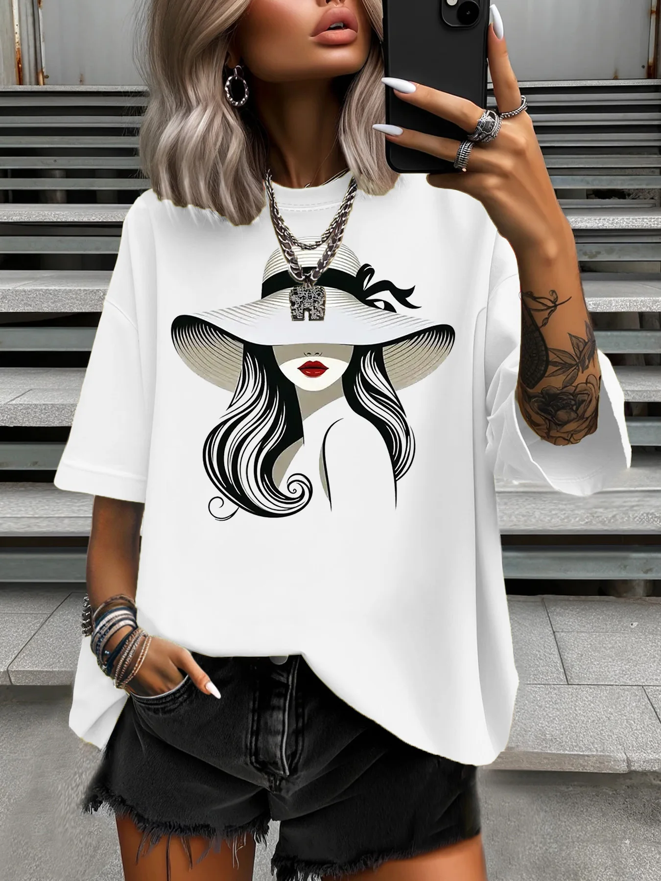 Camiseta feminina de verão design original moda cidade menina padrão impresso feminino casual em torno do pescoço manga curta topos