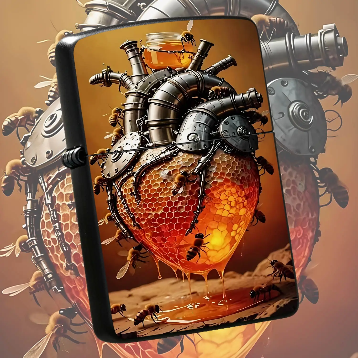 Creative Steampunk Honeycomb Heart Lighter, Artistic Bee Hive Mechanical Style Design, Unique Sweet Honey Themed Portable Accessory, Eye-Catching Decorative Piece For Daily Use, Gifting, Collection, Suitable For Home Ou A Humorous And Inter