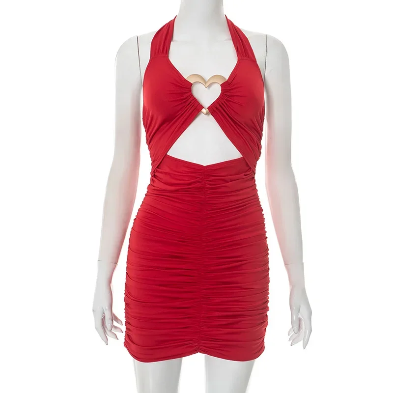 Leosoxs 2025 feminino em forma de coração decoração de metal recorte vestido sexy plissado halter sem costas bodycon mini vestidos festa clubwear