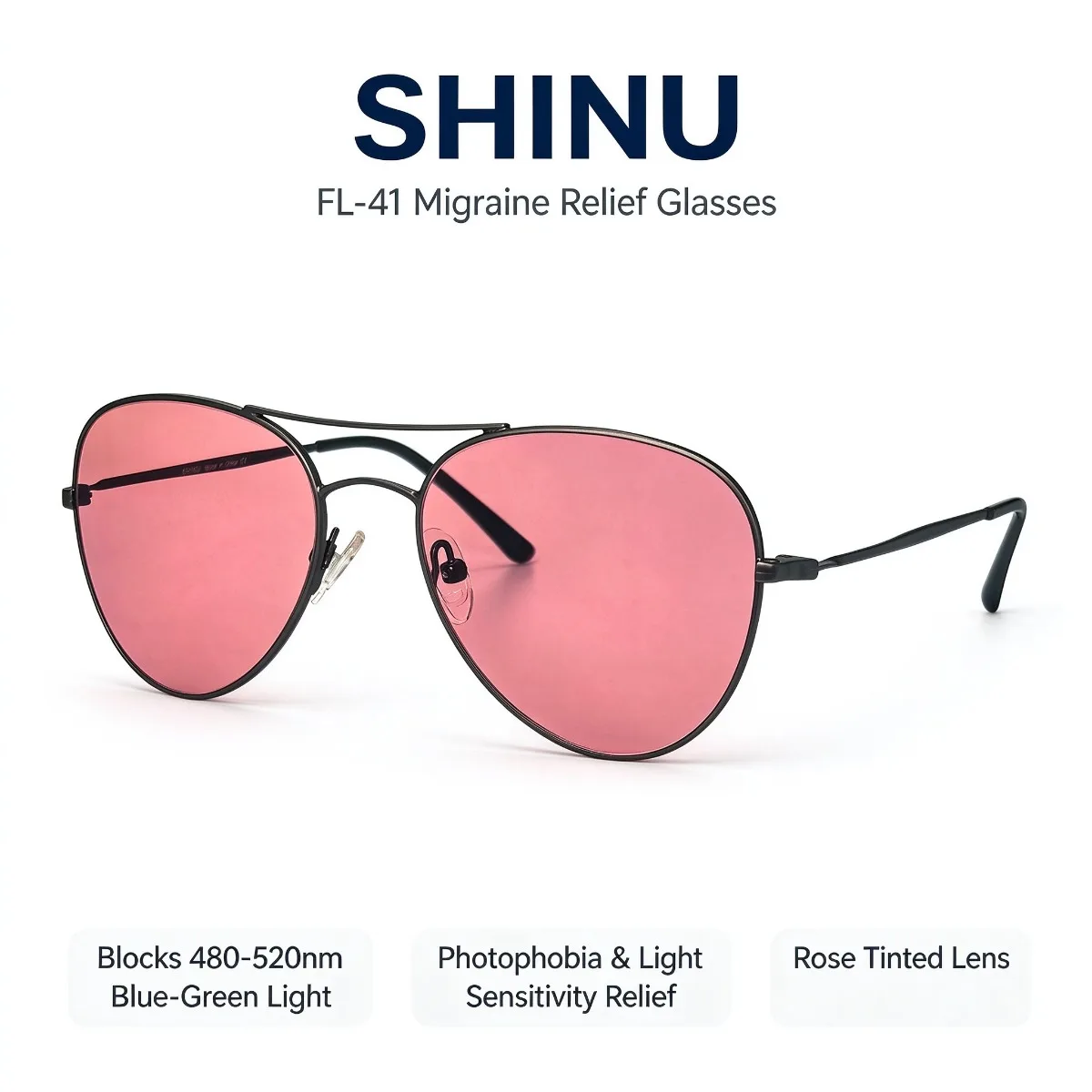 SHINU FL-41 Glasses for Men Women Migraine Relief Anti Blue Green Light 480-520nm Rose Tinted Lens Photophobia Eye Strain