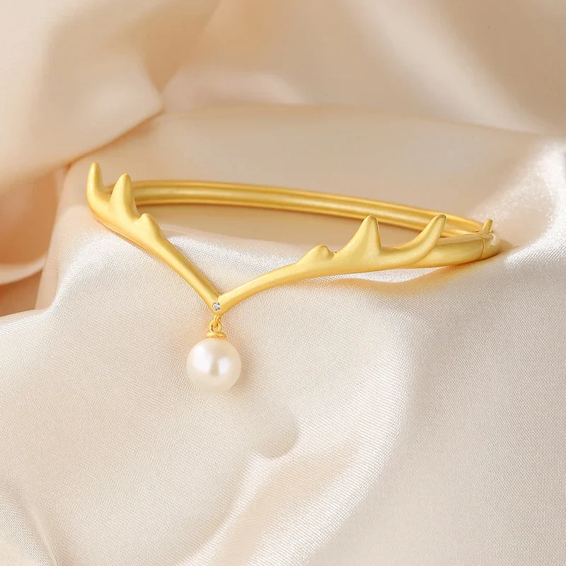 AC 5A Freshwater Pearl 8-8.5mm Accent Antlers Matt Bangle  Solid 925 Silver Chain Bracelet PB1001